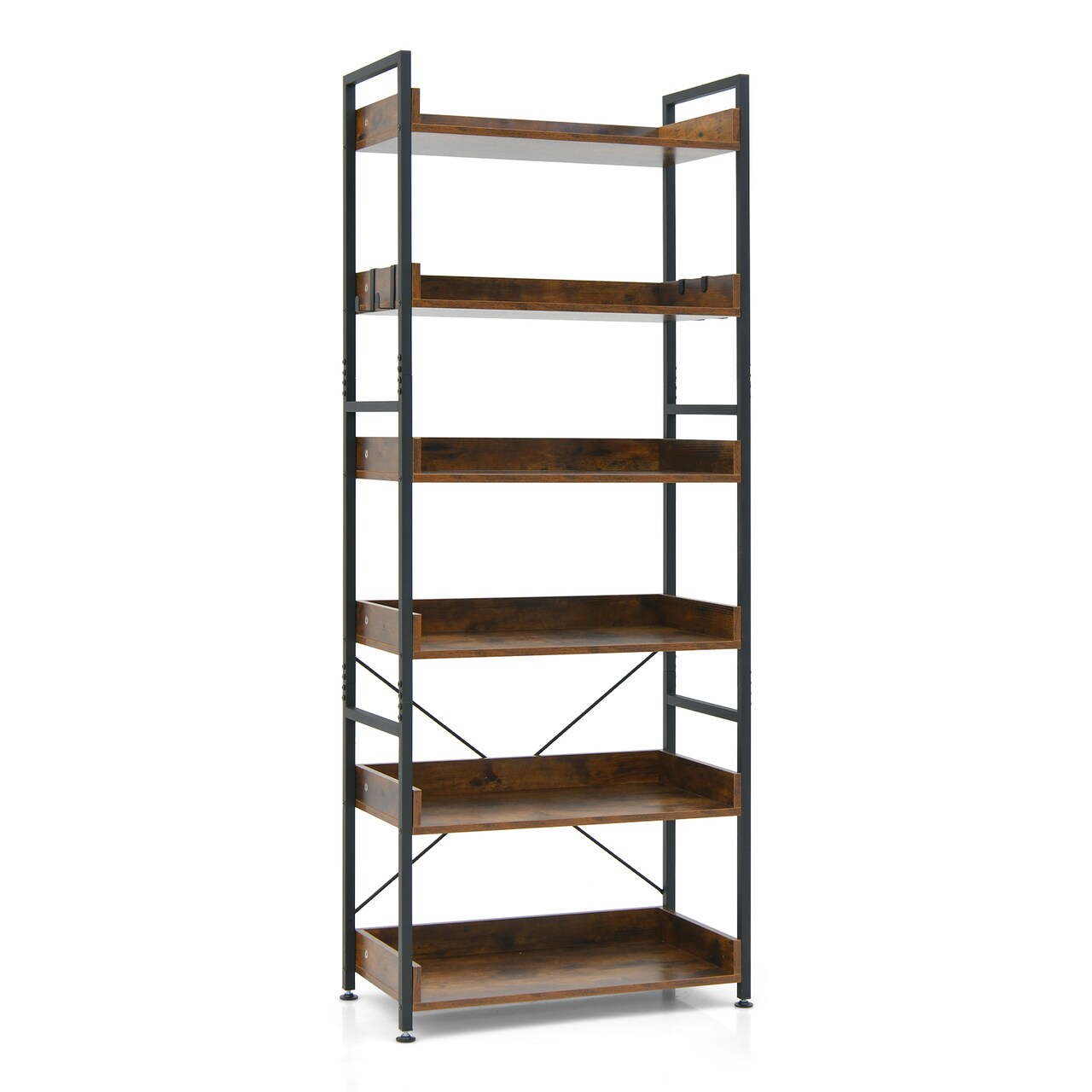 6-tier Tall Industrial Bookcase With Open Shelves And 4 Hooks